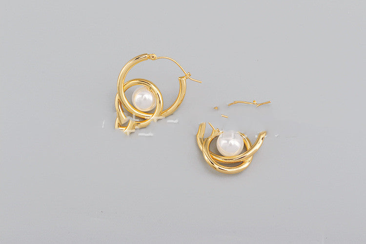 Trendy Quality Golden Pearl Cross Double Circle Earrings For Women