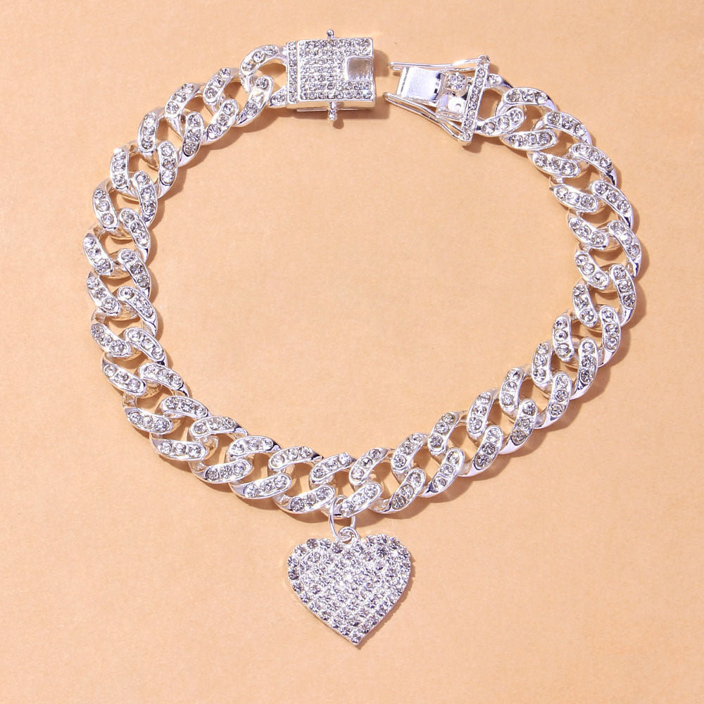 Bijoux fantaisie de luxe avec pendentif cœur entièrement incrusté de diamants pour cheville