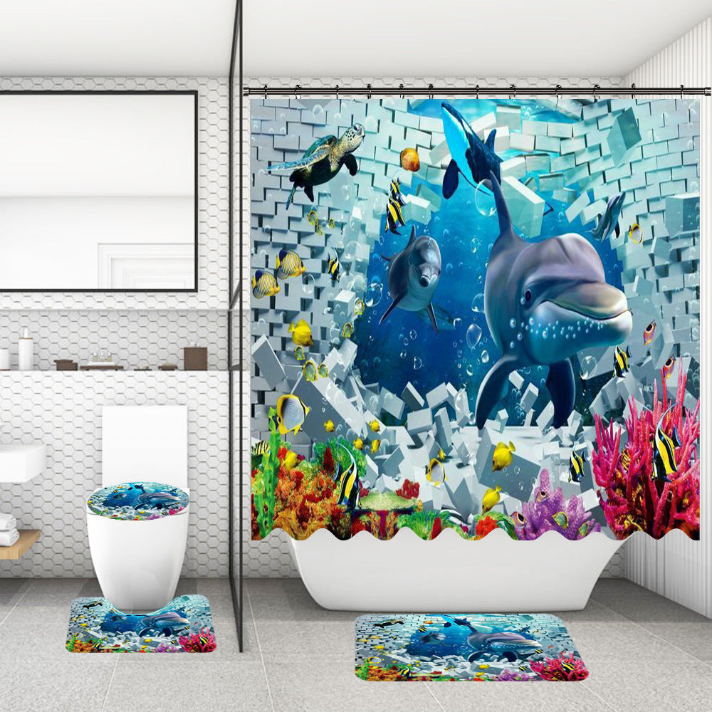 Bathroom Shower Curtain Floor Mat Suit Ocean World Printing