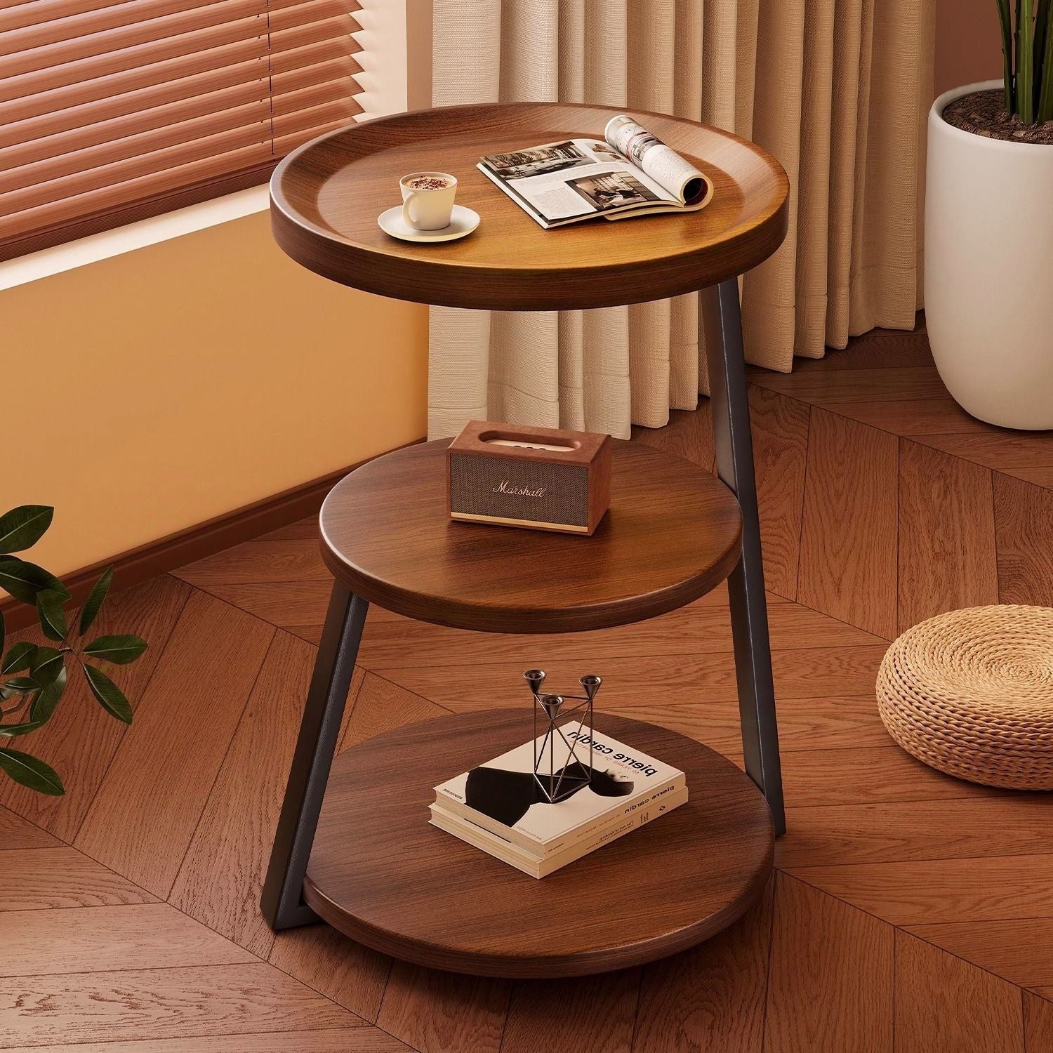 Mid Ancient Style Bedside Table Storage Rack With Multiple Layers