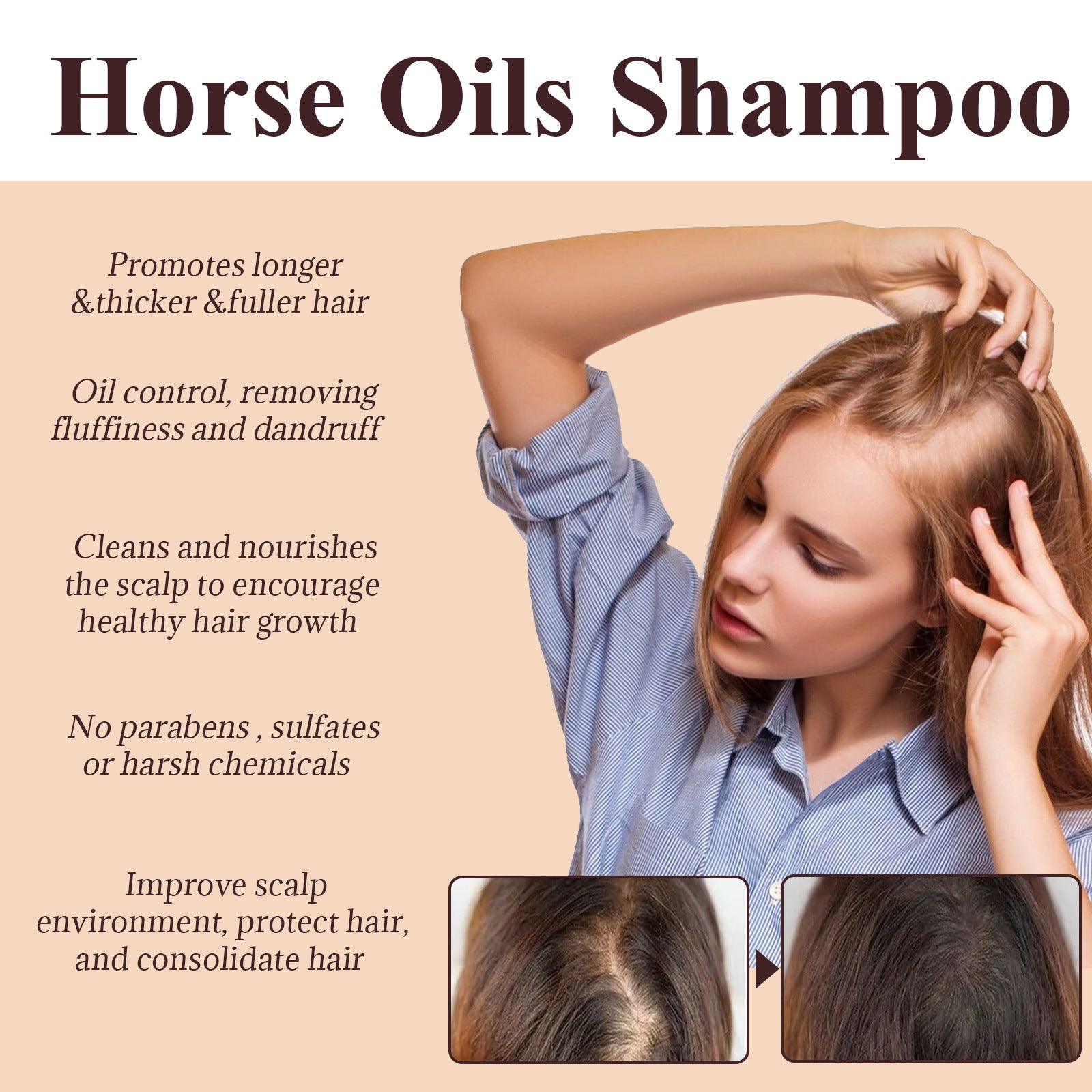 Shampoing à l'huile de cheval Nettoyage en profondeur Cuir chevelu Pellicules Contrôle du sébum Volumisant Hydratant Soin des cheveux