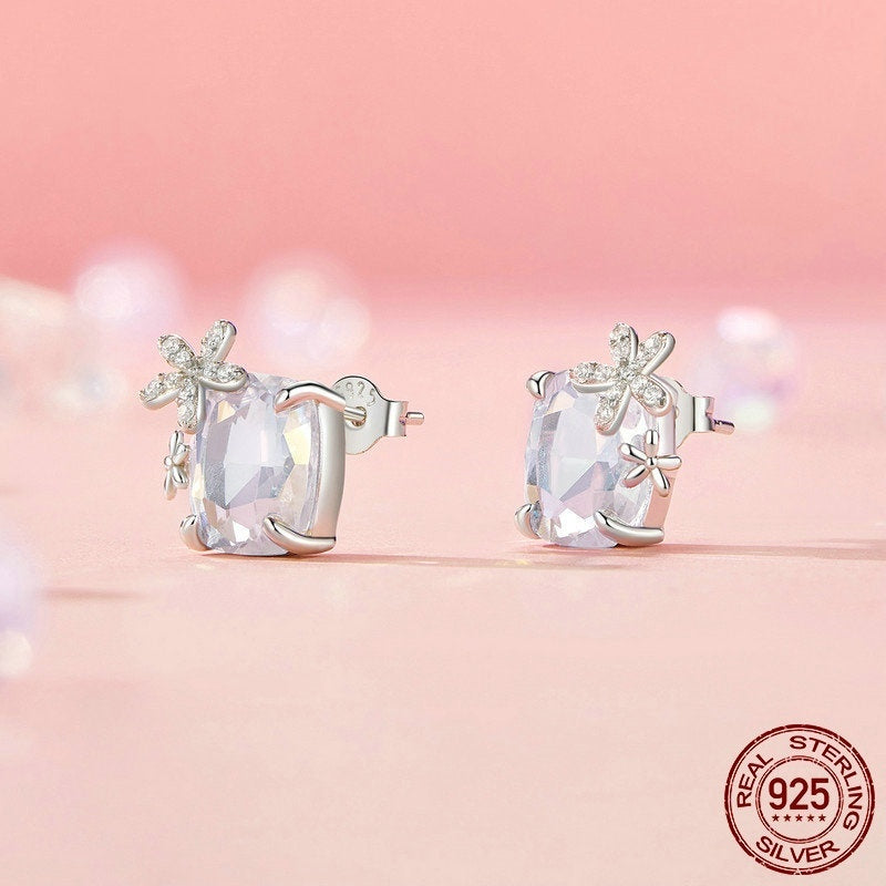 Fantasy Flower Main Stone Stud Earrings For Women Colorful Shining Exquisite Luxury 925 Sterling Silver Stud Earrings
