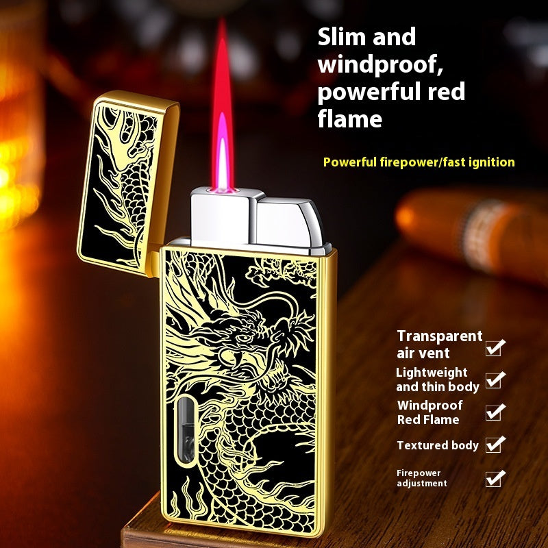 See-through Transom Red Flame Gas Lighters Metal Windproof