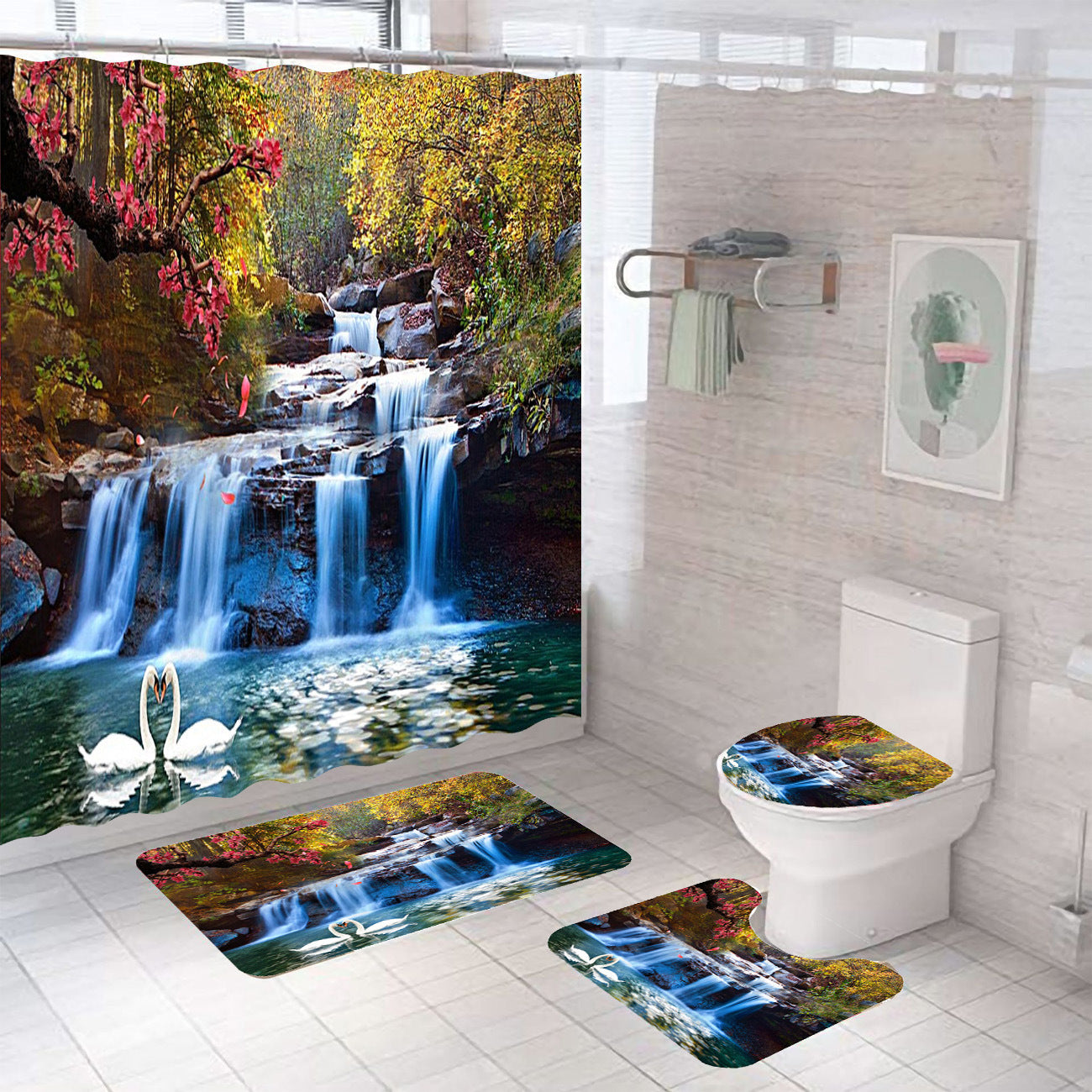 Bathroom Shower Curtain Floor Mat Suit Ocean World Printing