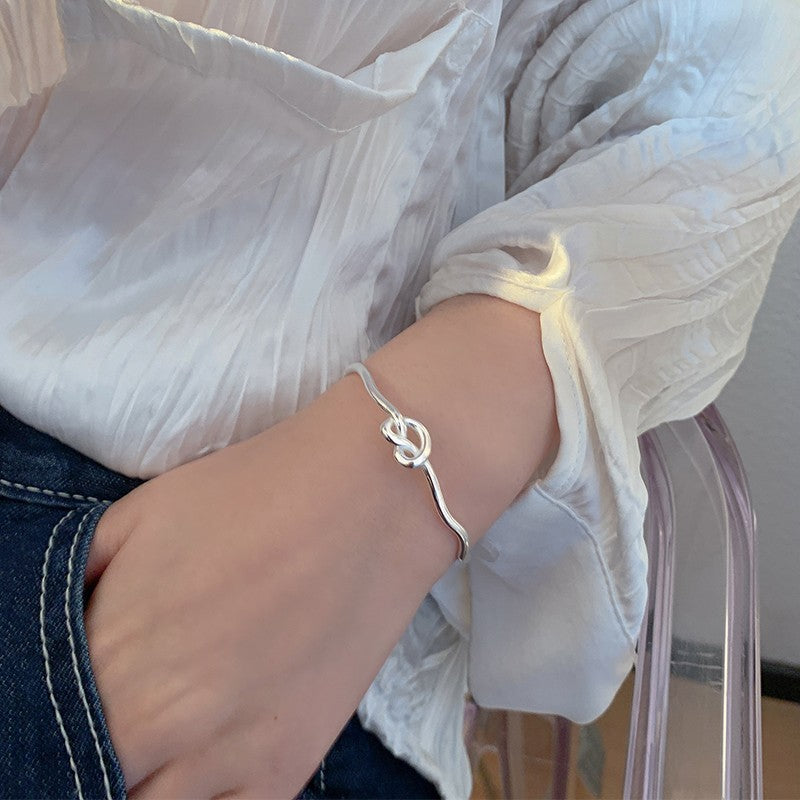 Knotted Heart-shaped Wave Open Silver Bracelet For Women