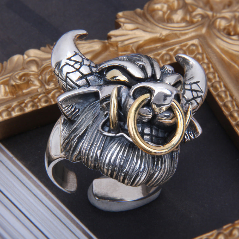 S925 Sterling Silver Bull Devil Bull Head Ring Personality