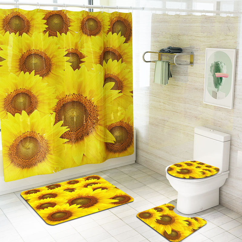 Sunflower Printed Shower Curtain Floor Mat Four-Piece Set