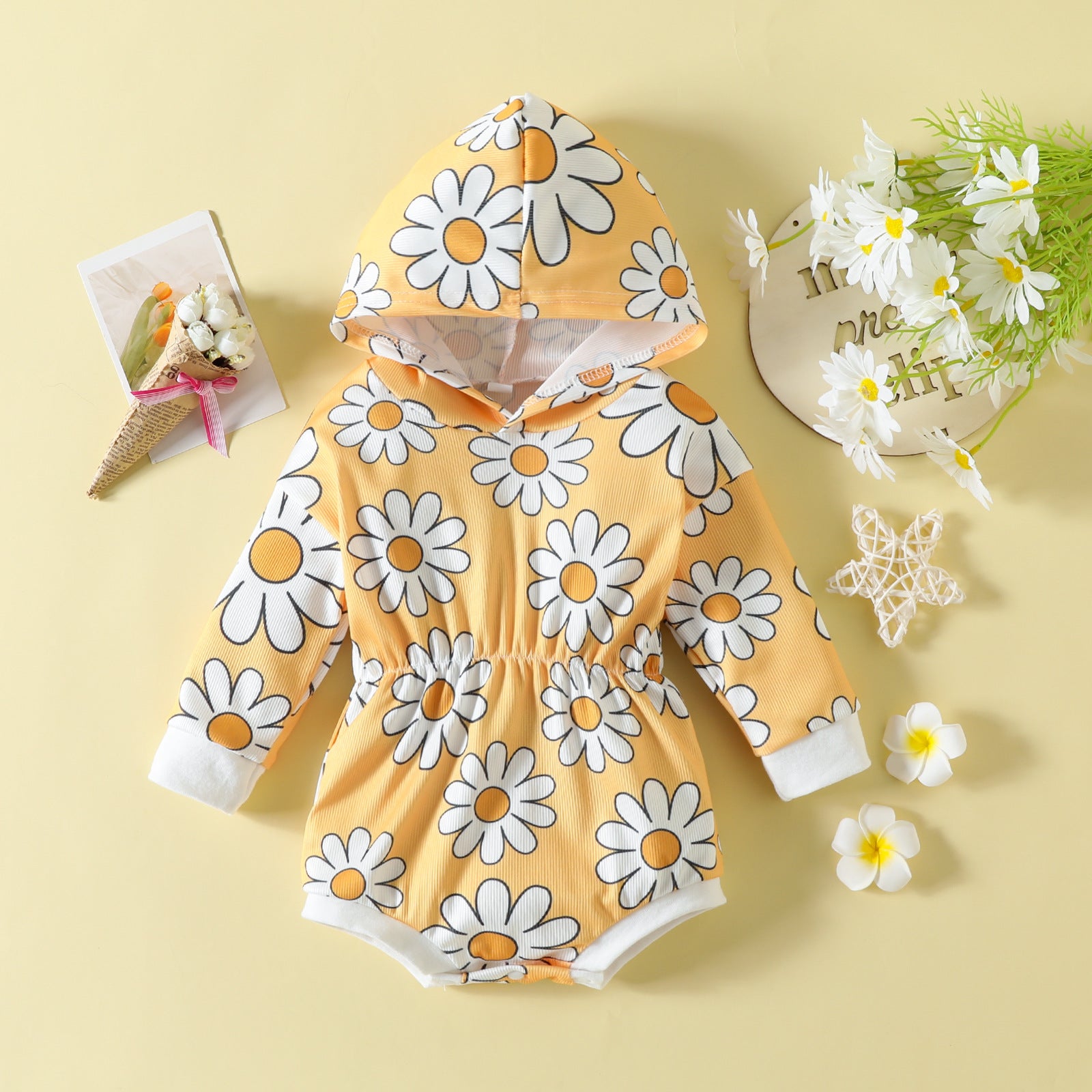 Children's Flower Print Hooded Romper