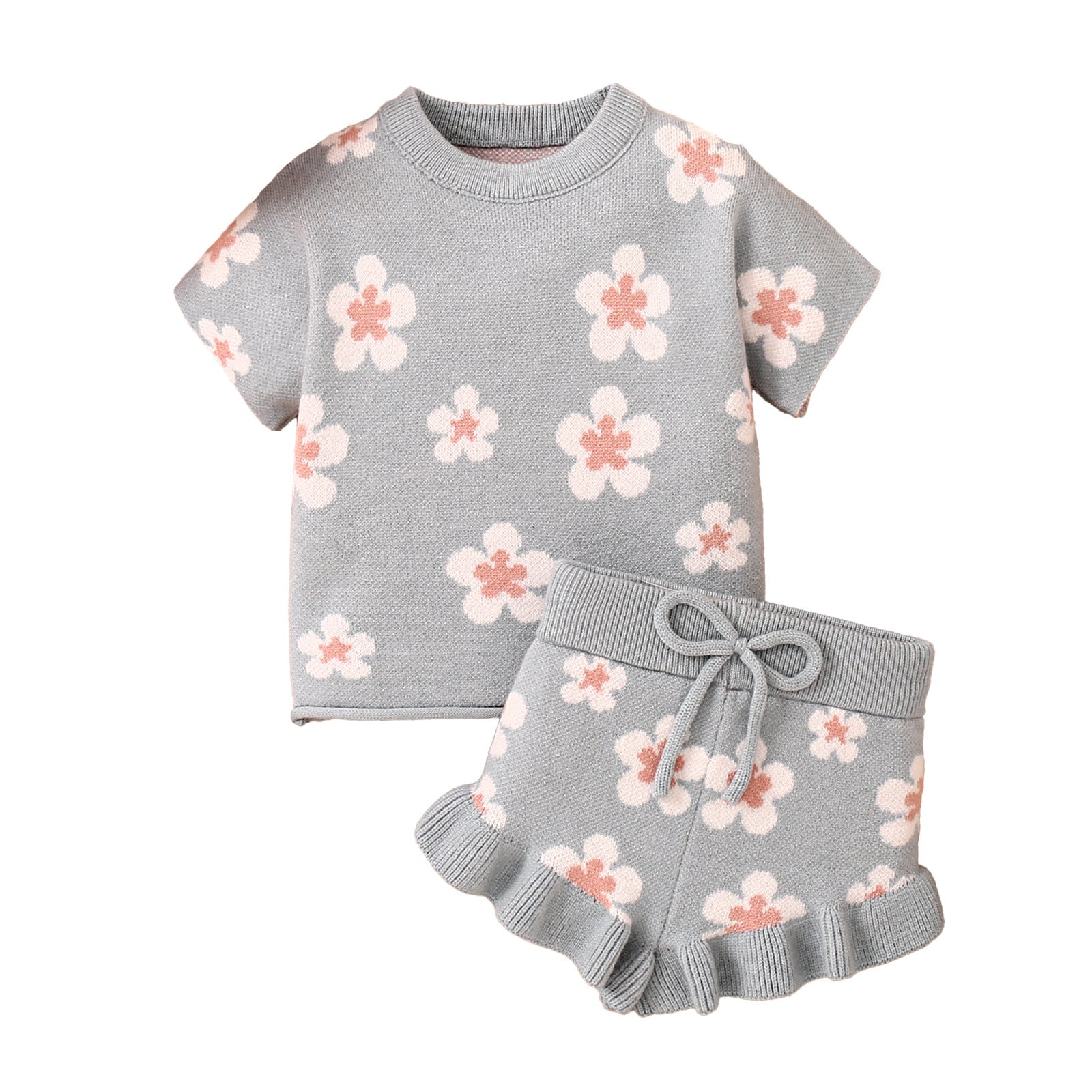 Children's Flower Embroidery Ruffled Short Sleeves Shorts Suit