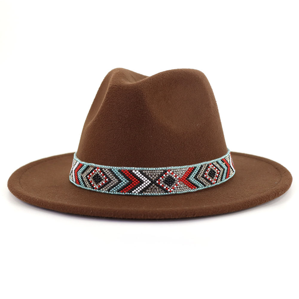 Autumn And Winter New Blue Bead Woolen Hat Fashion Panama Jazz Hat