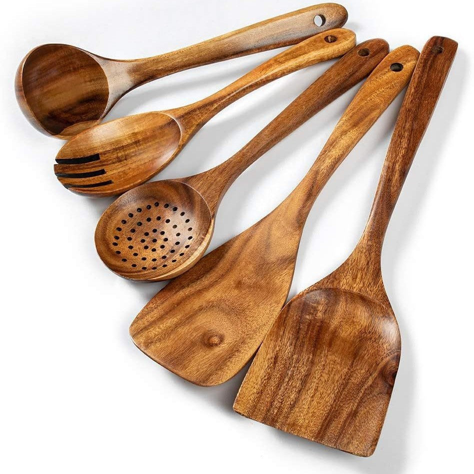 Acacia Mangium Spatula 7-piece Kitchen Salad Mixing Pasta Spoon Slotted Turner
