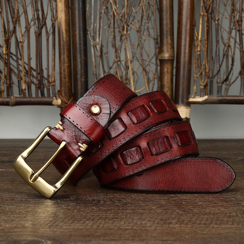 Retro Mens Belt In Genuine Leather With Brass Buckle