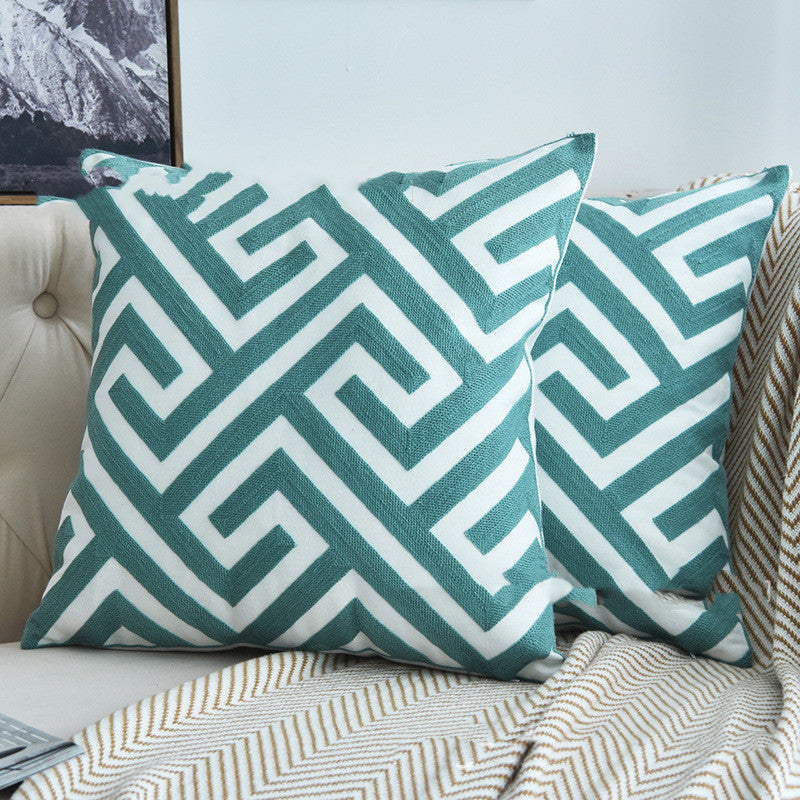 Lake Water Green Color Cotton Canvas Embroidery Geometric Wool Embroidery Sofa Pillow Cases