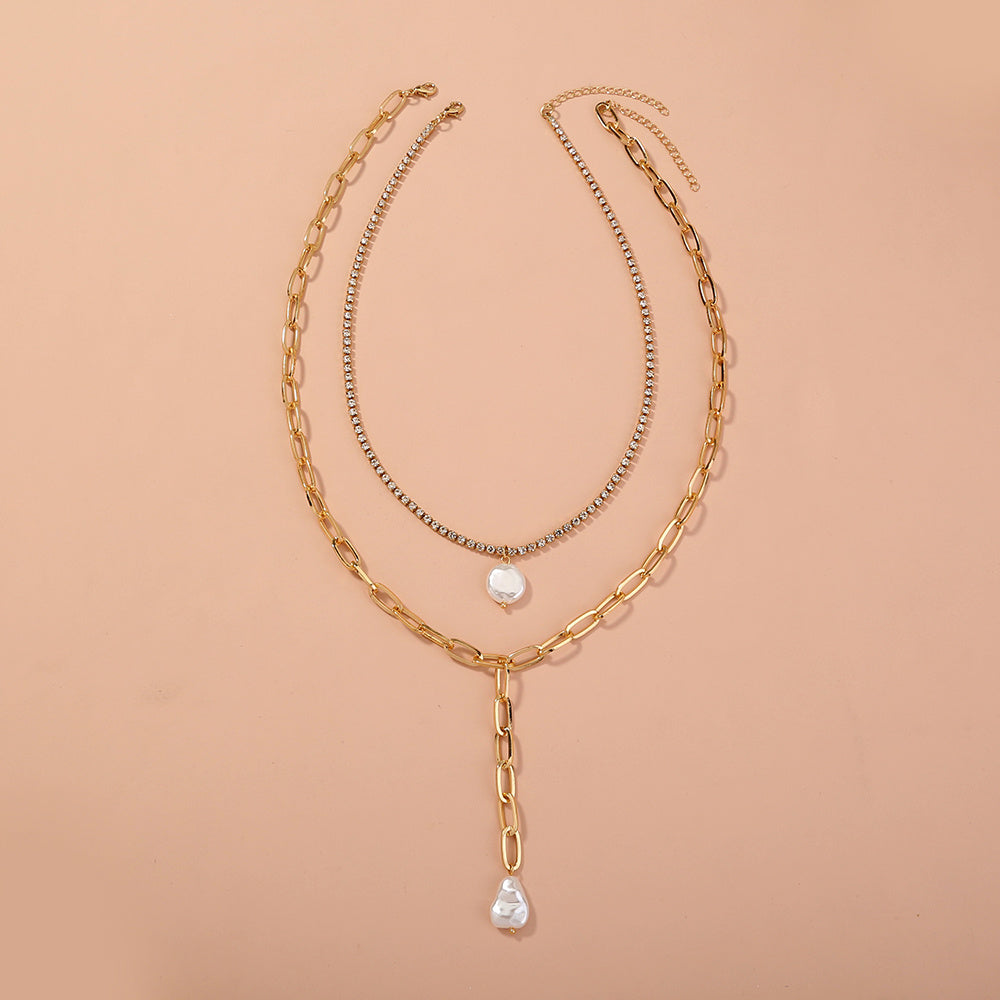 European and American cross-border jewelry, imitation baroque pearl long pendant, multi-layer necklace, rhinestone claw chain, fashion all-match necklace
