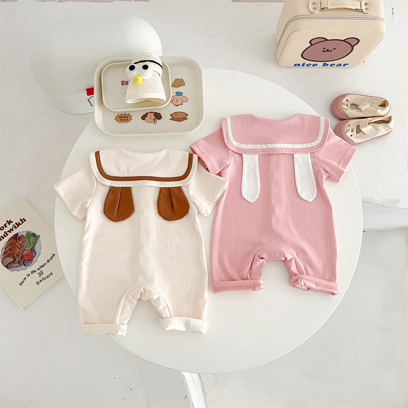 Baby Bear Rabbit Ear Jumpsuit Summer Sunken Stripe Cotton Going Out Clothes