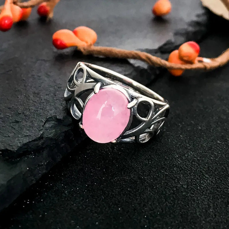 Retro Natural Gemstone Ring Hollow Pattern Ring