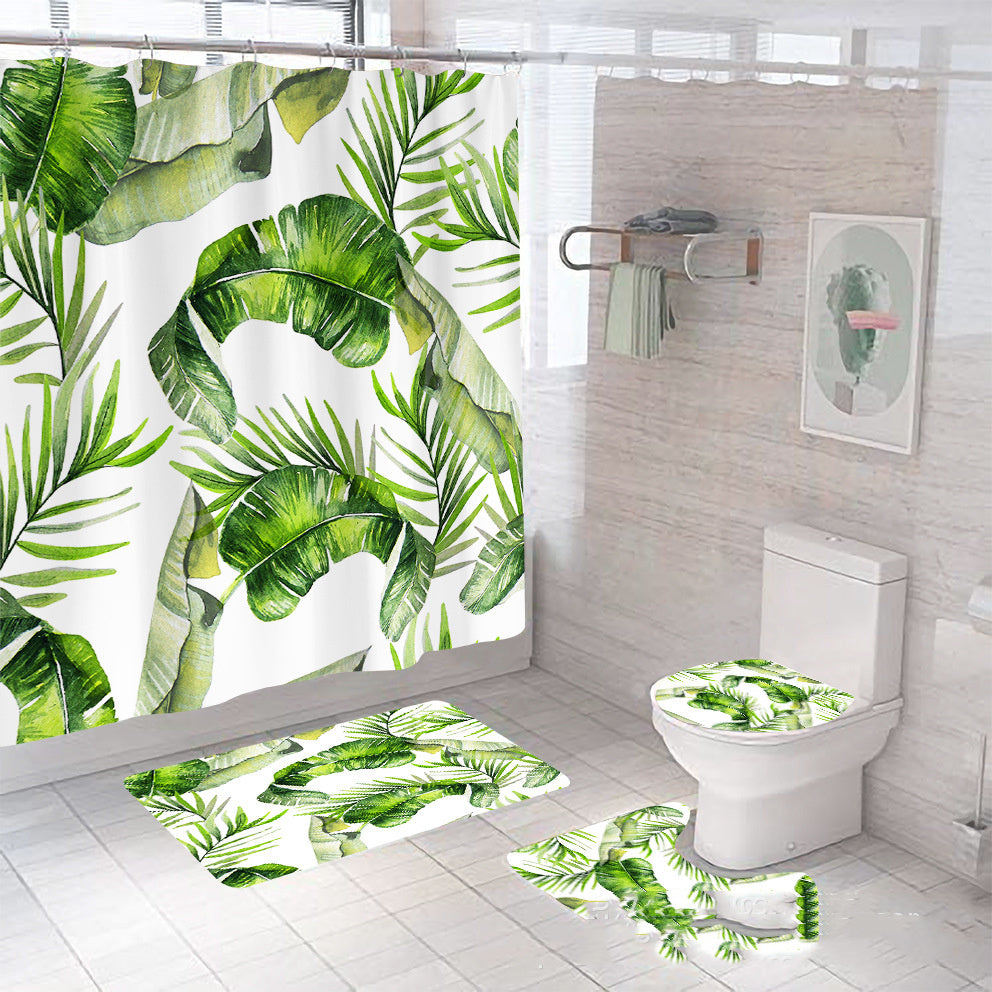 Tropical Rainforest Leaf Code Printed Shower Curtain Waterproof C Plastic Hook