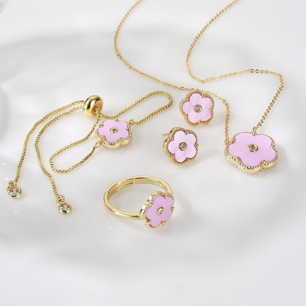 Gold Flower Bracelet Ring Earrings Bracelet Women's Suit