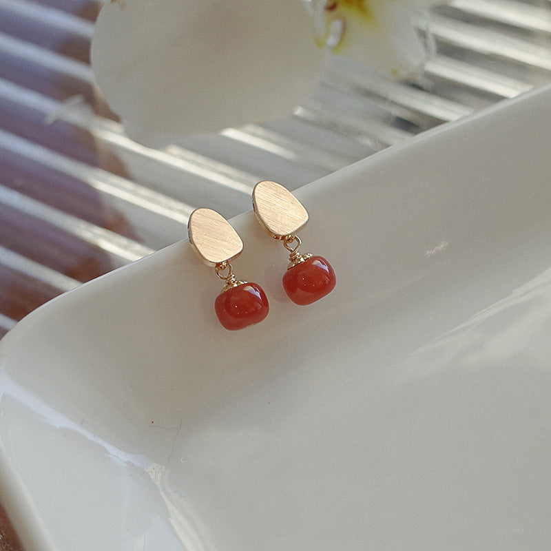 Benming Full Meat Southern Red Agate Sterling Silver Needle Earrings For Women