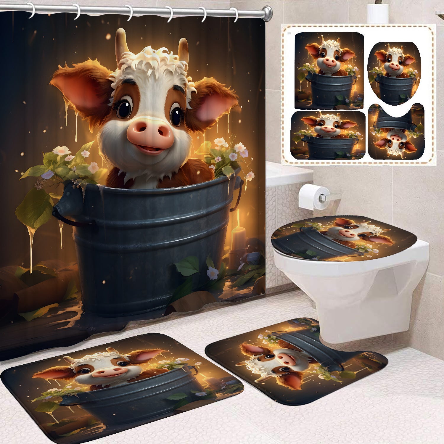 Polyester Waterproof And Mildew-proof Shower Curtain Four-piece Partition Bathroom Curtain