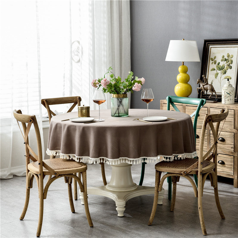 Waterproof Solid Color Faux Cotton Linen Lace Round Dining Tablecloth