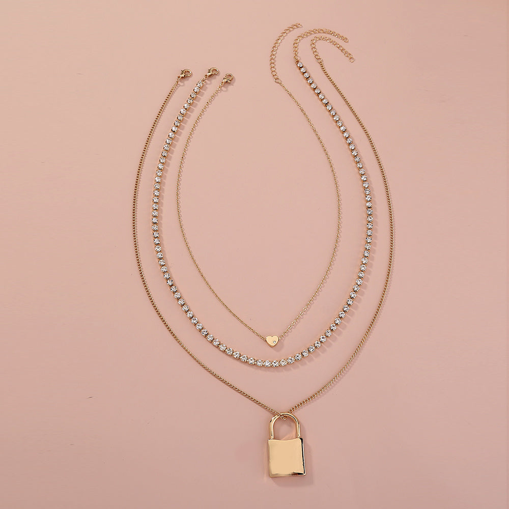 Fashion exaggerated personality lock pendant multi-layer Diamond Gold Necklace woman