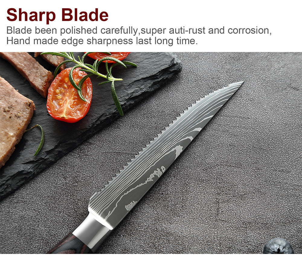 Western Steak Knife Damascus Pattern Stainless Steel Serrated Knife