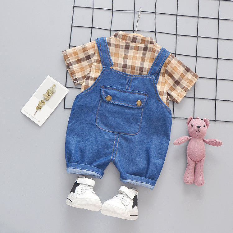 Children's two-piece stand-collar plaid shirt