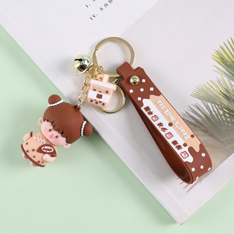 Crystal Milk Tea Cup Leather Rope Key Chain Ring Cartoon Hair Ball