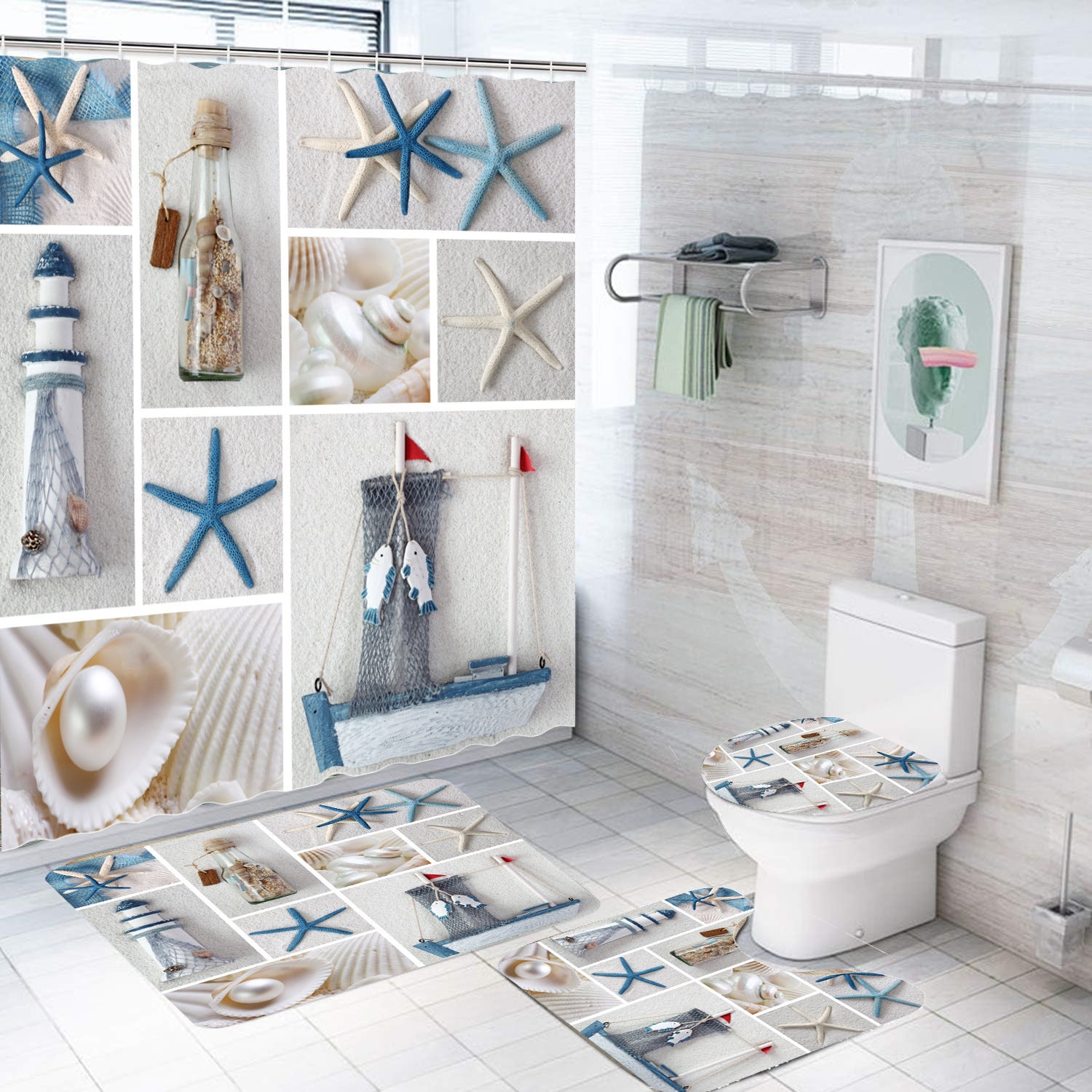 Bathroom Shower Curtain Floor Mat Suit Ocean World Printing