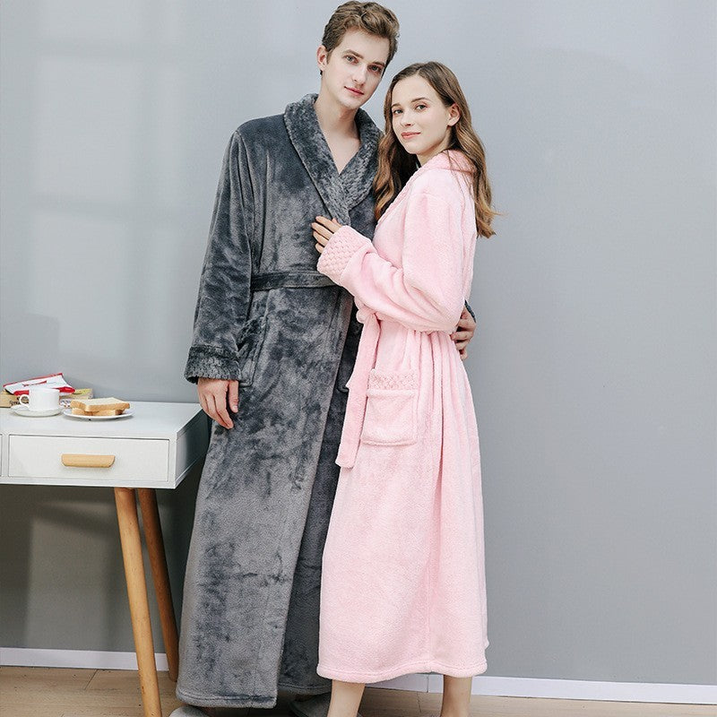 Long Coral Fleece Fleece-lined Thick Bathrobe Flannel Pajamas Homewear