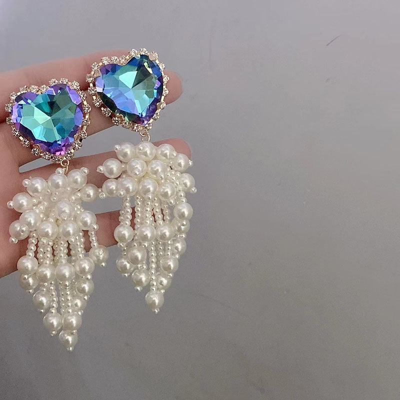 Diamond Crystal Pearl Fringe Exaggerated Earrings