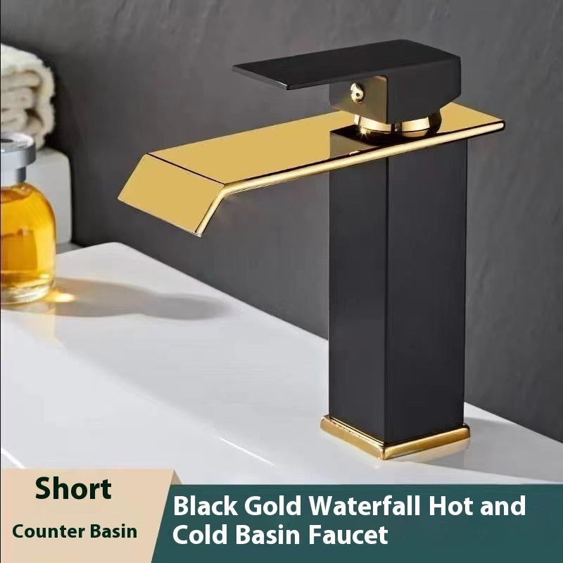Stainless Steel European Style Waterfall Faucet Black Gold Paint Hot And Cold Basin Faucet