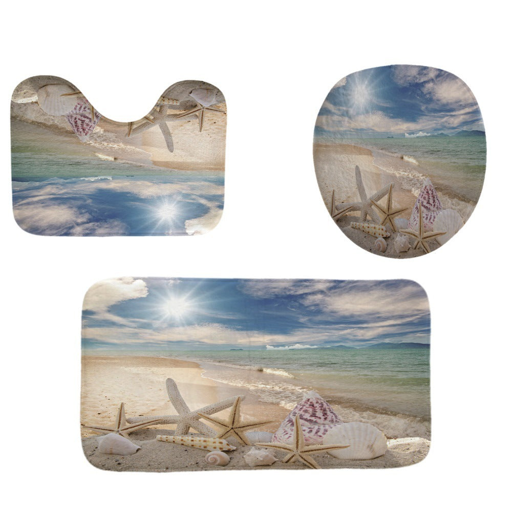 Beach Shell Printed Shower Curtain Carpet Bathroom Mat Four Piece Set