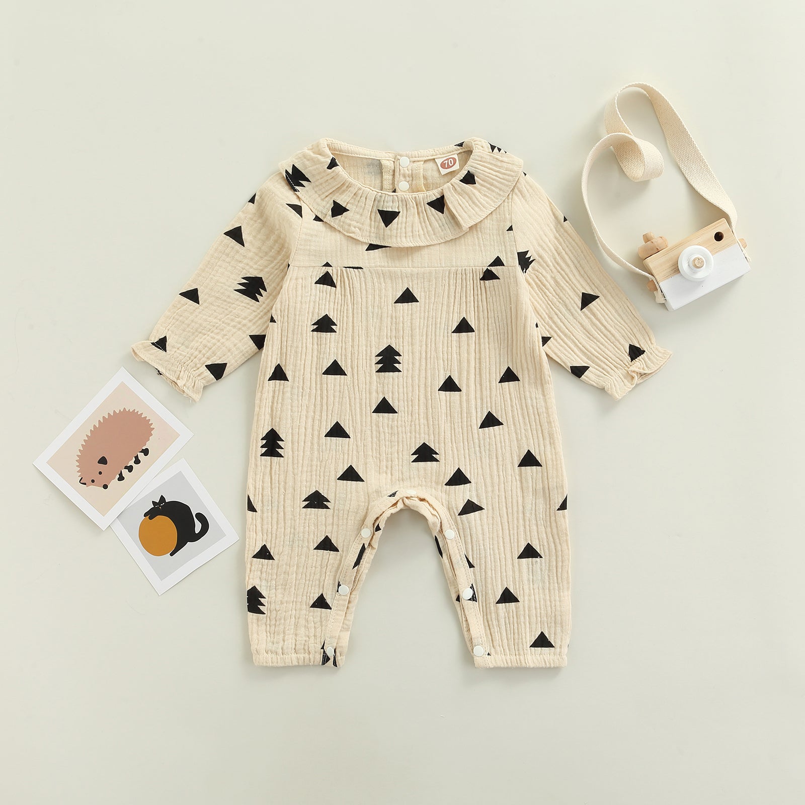 Printed Crew Neck Lace Long Sleeve Romper