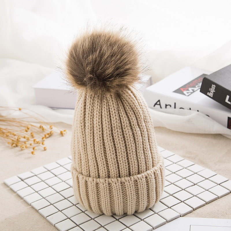 Thick Knit Hat Imitating Raccoon Fur Ball Warm Cap