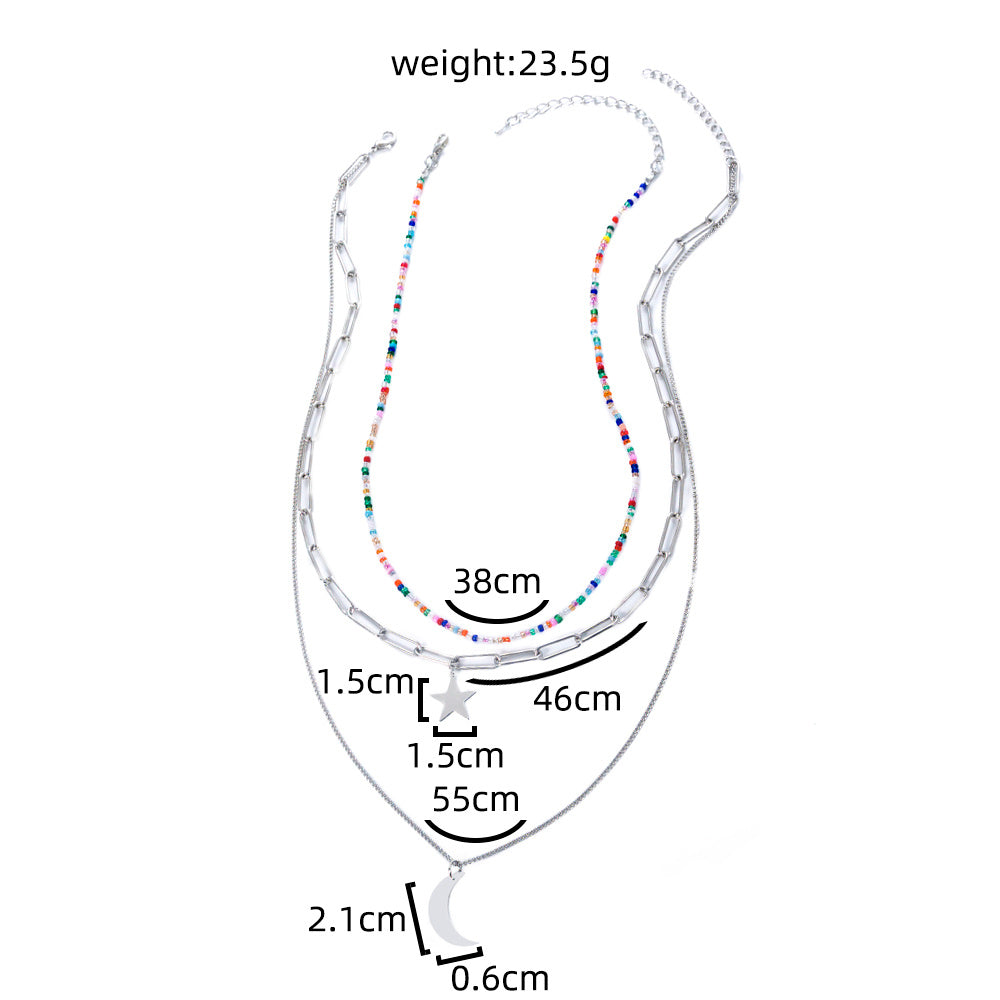 Copper Star Moon multi-layer colorful rice beads necklace