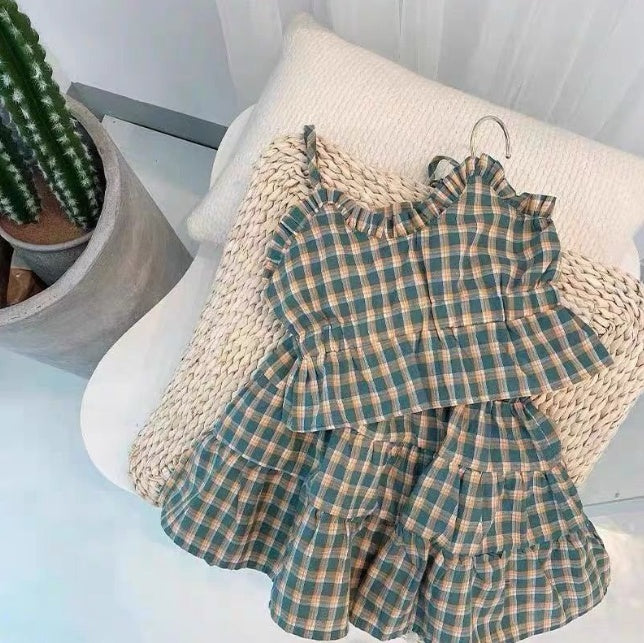 Girls' Short Summer Plaid Suspender Top Mid Skirt Suit For Women