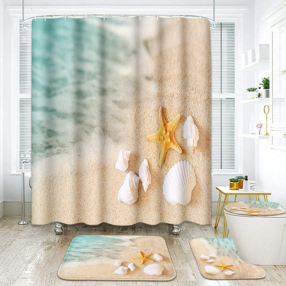 Beach Shell Printed Shower Curtain Carpet Bathroom Mat Four Piece Set