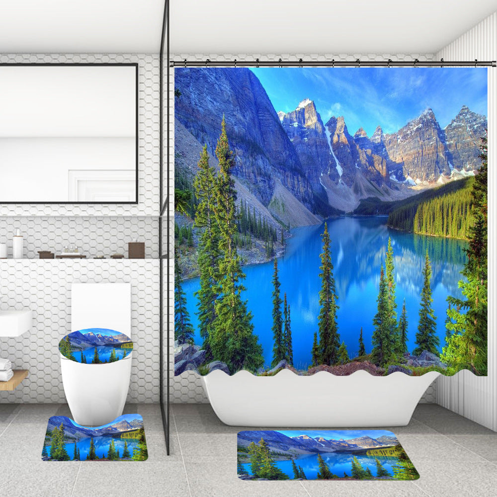 Bathroom Shower Curtain Floor Mat Suit Ocean World Printing