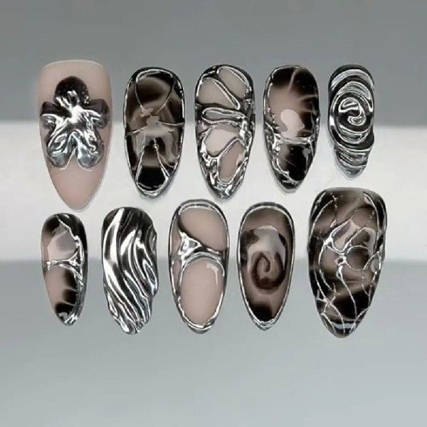 24pcs Manicure Long Almond False Nails Flowers Aurora