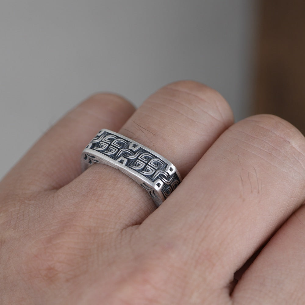 Vintage Thai Silver Craft  Women's Pattern Totem Square Ring