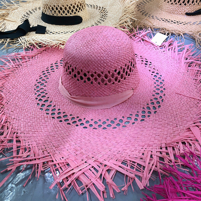 Tassel Big Brim Raffia Hat Colorful Sunshade