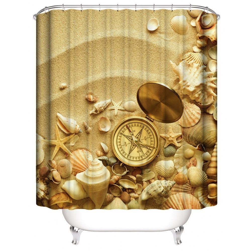 Beach Shell Printed Shower Curtain Carpet Bathroom Mat Four Piece Set