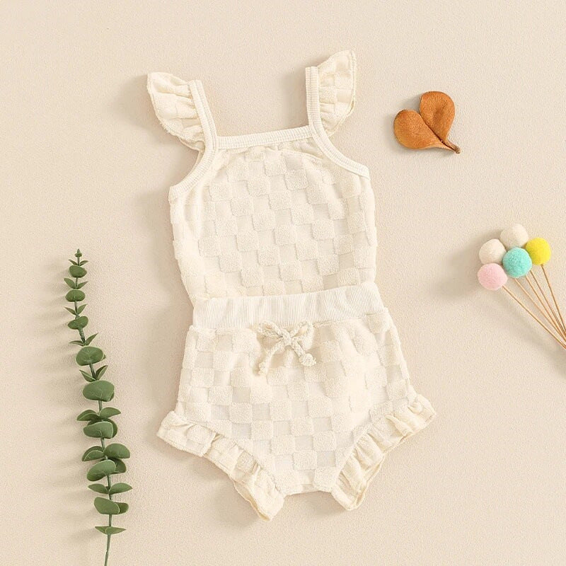 Girls' Solid Color Chessboard Plaid Style Lace Sling Romper Casual Shorts Suit