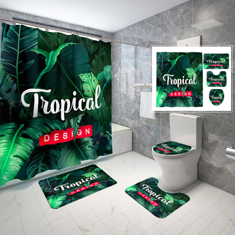 Natural Wind Leaves Printing Toilet Waterproof Shower Curtain Non-slip Floor Mat