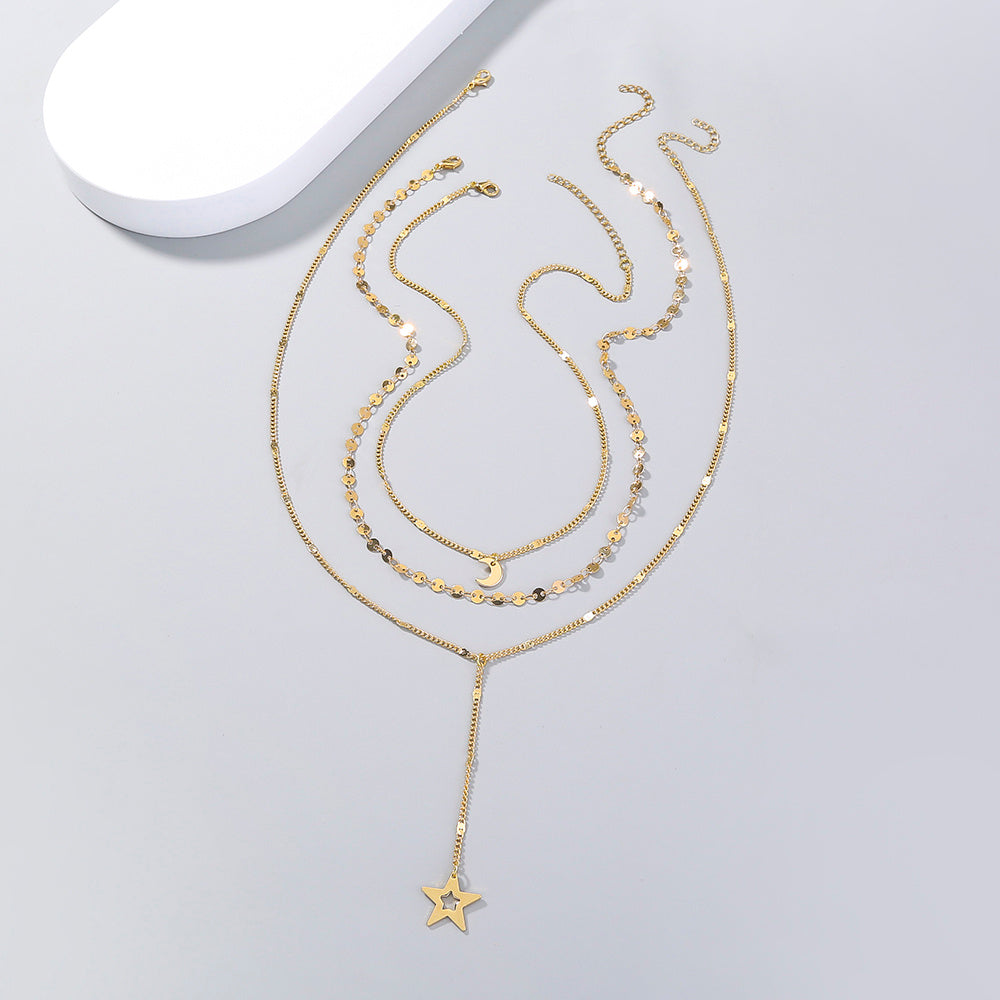 Copper Star, Moon, y-shaped multi-layer necklace