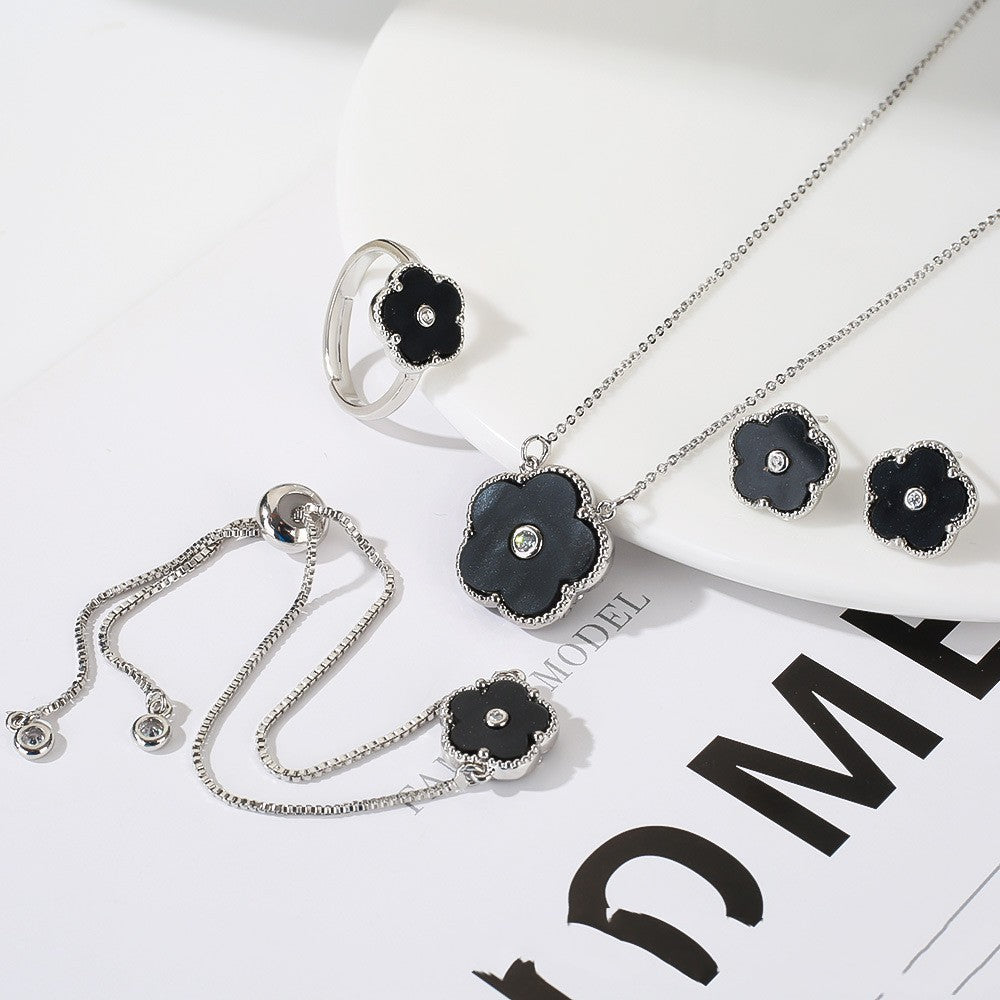 Gold Flower Bracelet Ring Earrings Bracelet Women's Suit