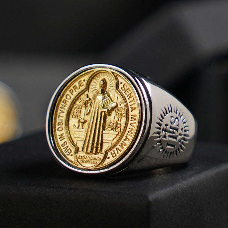 Christian Order Of St. Benedict In Titanium And Bronze Ring