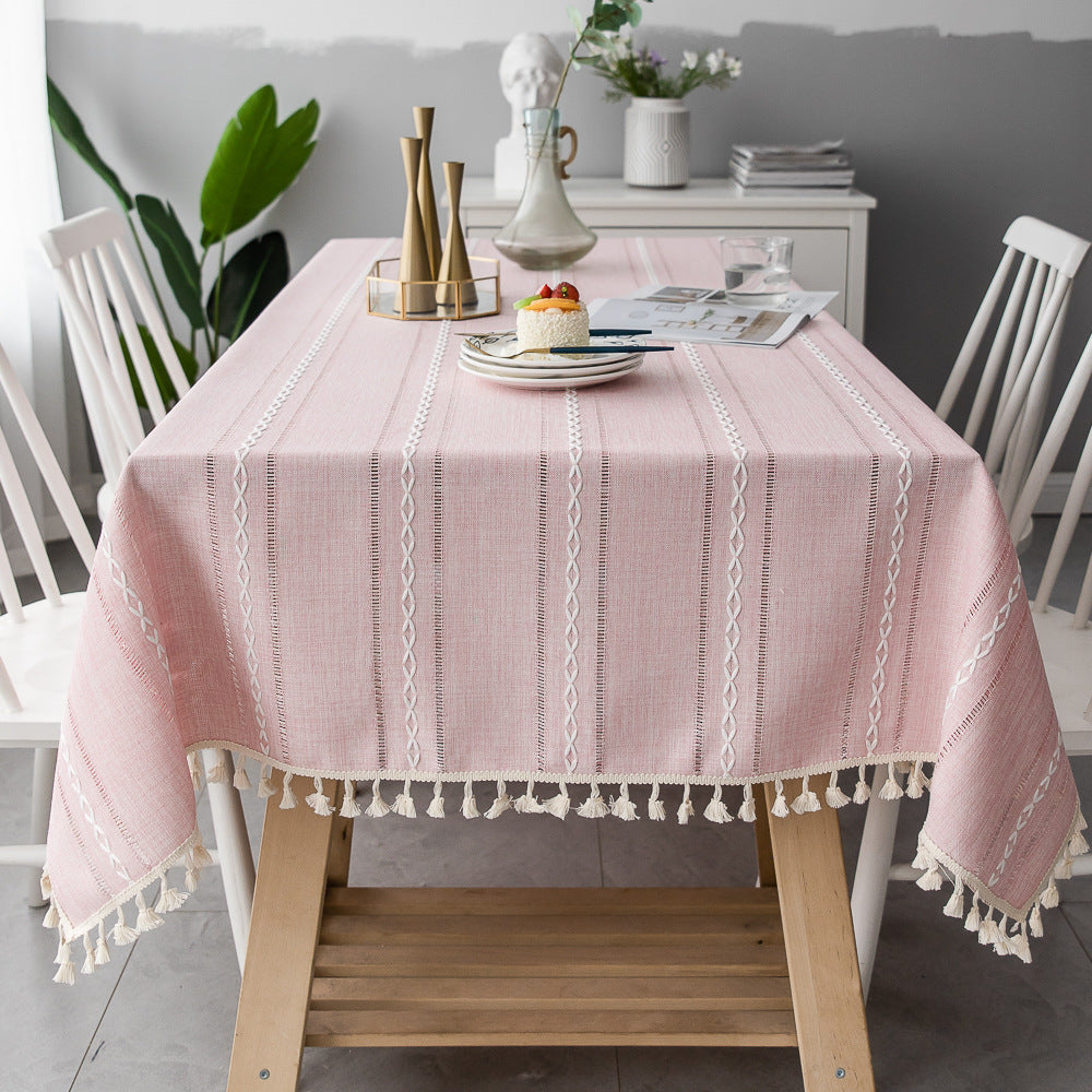 Cotton Linen Tablecloth Solid Color Hollow Striped Design Cover Cloth